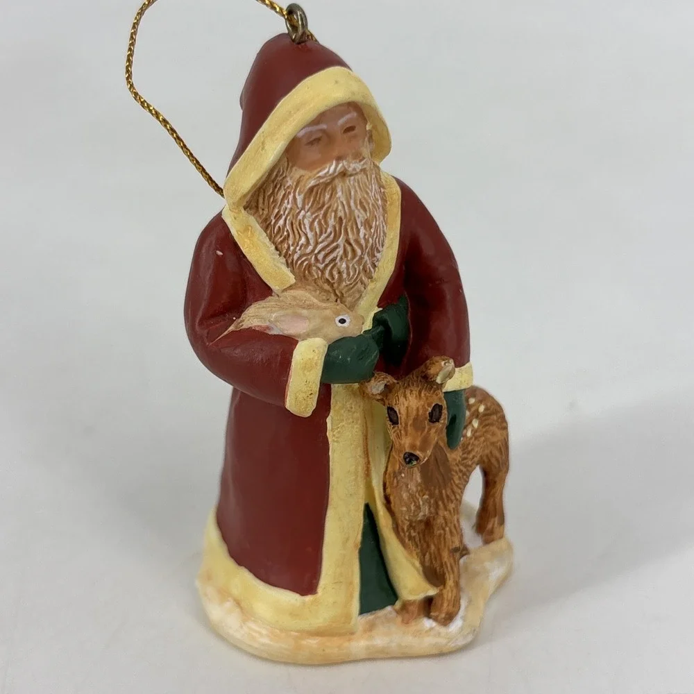 Vintage Santa Claus Holding Bunny & Deer Ornament Figurine 3.5